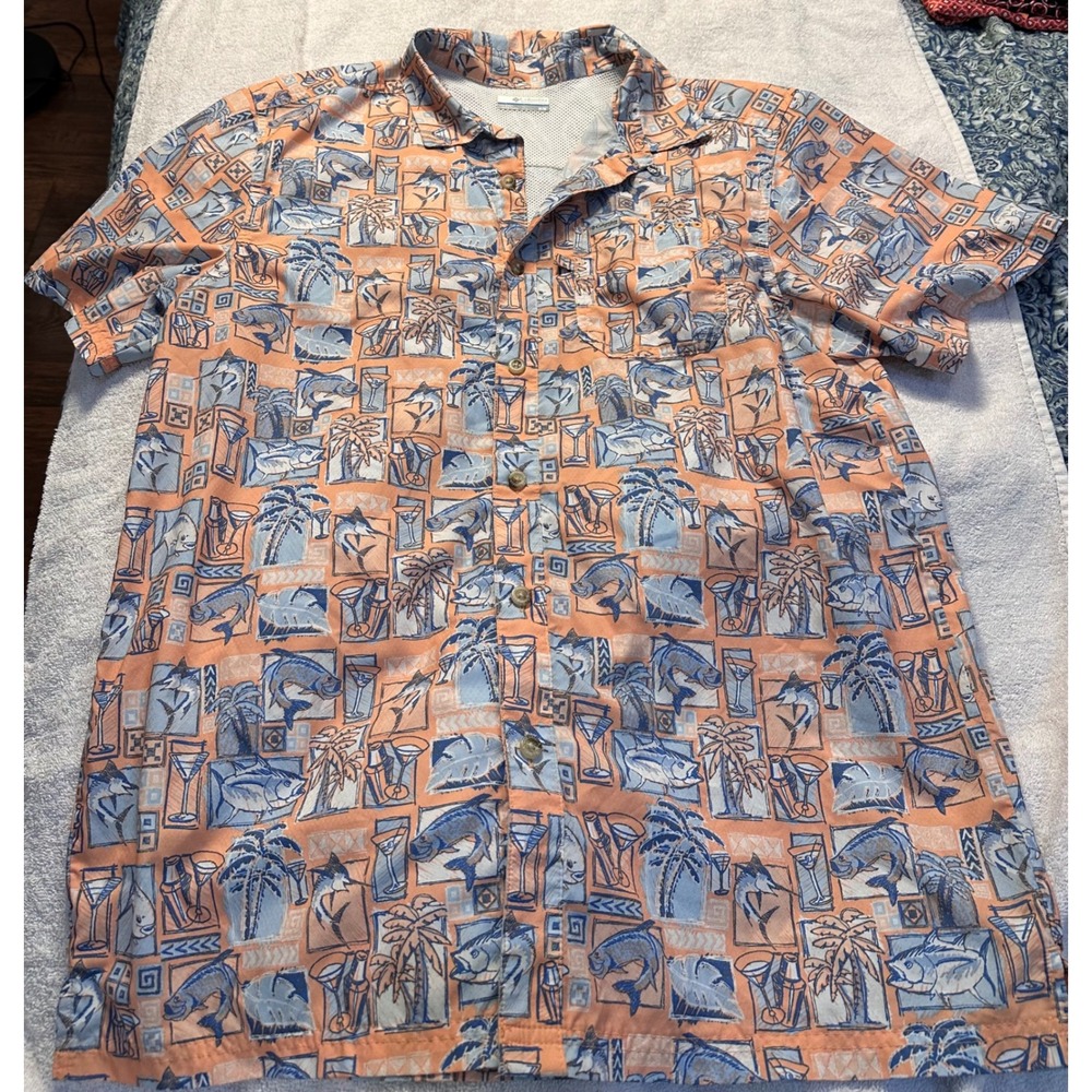 Columbia PFG Mens Medium Orange Blue Tropical Fish Martini Fishing Shirt FM1039